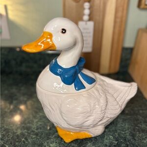 Vintage Ceramic Duck Cookie Jar with Blue Bow